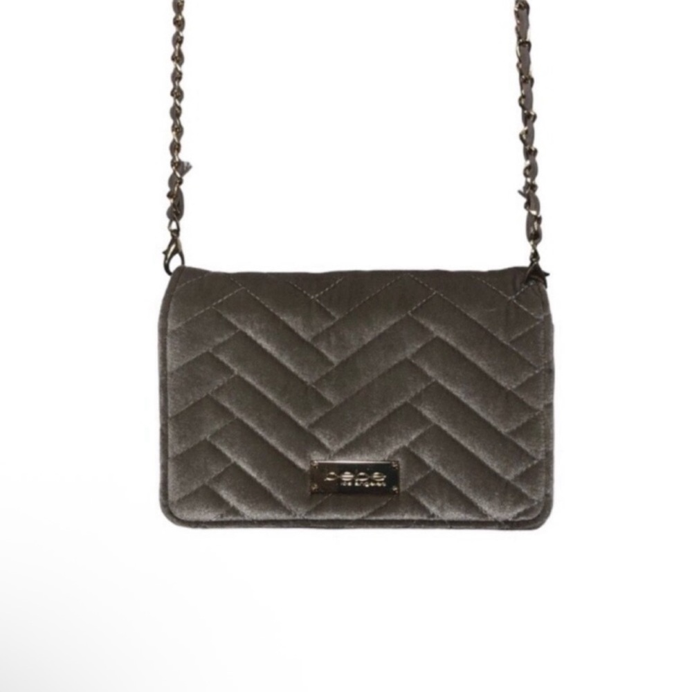bebe Sophia Small Crossbody Bag VELVET Champagne Taupe Color Goldtone Hardware